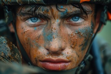 A close-up of a soldier's determined face, adorned with camouflage paint.