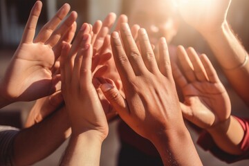 Group of People Raising Hands Together in Celebration at an Event, Team members high-fiving in a close-up shot, with only hands visible and no visible faces, ensuring no hand deformities, AI Generated - obrazy, fototapety, plakaty