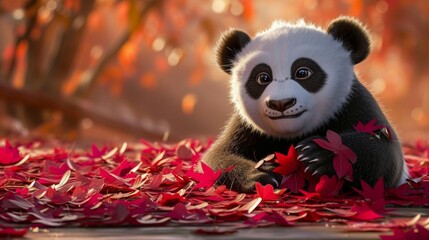 panda in the forest, Create a heartwarming Valentine's Day banner featuring an adorable panda cub