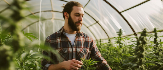 A horticulturist tends to cannabis plants in a greenhouse, a symbol of the agricultural shift towards medicinal cultivation - obrazy, fototapety, plakaty
