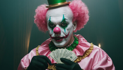 pink and green clown with golden collar holding money