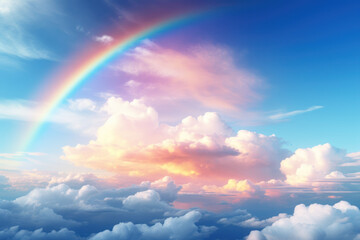 A rainbow forms after a refreshing rain, stretching across the sky in a display of color that instills wonder at the atmospheric phenomena of light and water.  Generative Ai.