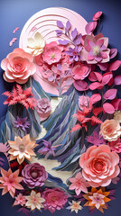 A stylized landscape with a river flowing in a mountain valley, decorated with paper flowers. Paper art and craft style.