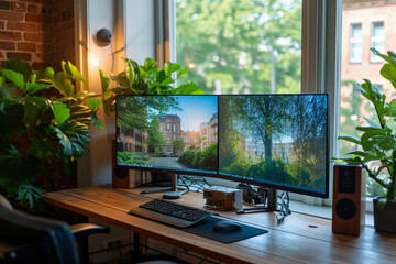 A dual-monitor setup with an organized desk, tailored for multitasking and efficiency. Concept of tech-savvy and productive home office environments. Generative Ai.