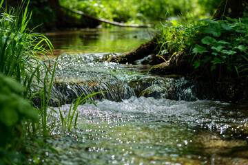 Obraz premium Forest Stream in Sunlight. Generative AI Illustration