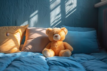 A cozy brown teddy bear lounges on a soft bed amidst plush bedding, adding warmth and comfort to the indoor bedroom setting