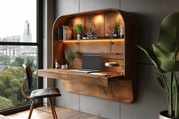 A wall-mounted desk with foldable design, saving space and promoting a versatile work area. Concept of space-saving and innovative home office solutions. Generative Ai.