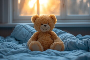 A beloved teddy bear rests peacefully on a soft blue blanket, surrounded by the comforts of home in its plush fabric and gentle light
