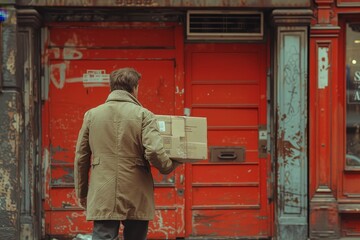 A stylish man stands outside a red door, confidently carrying a box of new clothing for his building's residents