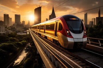 Naklejka premium A red and white train makes its way through the busy streets of a lively city, The high-speed train in Bangkok, Thailand, races through the city, AI Generated