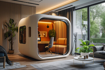 A soundproof home office pod, offering a secluded and tranquil work area within the home. Concept...