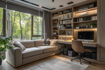 A multipurpose home office that transforms into a guest room, exemplifying versatility and practicality. Concept of multifunctional and space-efficient home offices. Generative Ai.