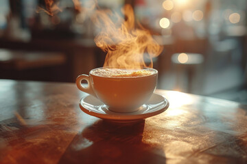 A cinemagraph of a steaming cup of coffee, with the steam moving while the rest of the image is still. Concept of subtle motion in everyday moments. Generative Ai.