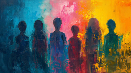 young kids standing shoulder to shoulder, gen z youth abstract painting