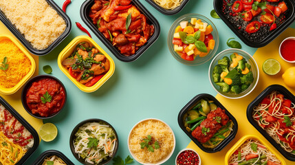An assortment of enticing dishes laid out on a vibrant backdrop - obrazy, fototapety, plakaty