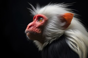 This close-up photo captures the intricate details of a monkey with beautiful, long hair, The Red-shanked douc, a species of Old World monkey, AI Generated