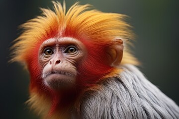 A captivating photo of a red and yellow monkey with long hair in its natural habitat, The Red-shanked douc, a species of Old World monkey, AI Generated
