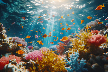 Fototapeta na wymiar An underwater video of coral reefs teeming with colorful marine life, showcasing ocean biodiversity. Concept of exploring underwater ecosystems. Generative Ai.
