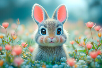 A cute fluffy Easter bunny is sitting on the meadow in the grass and flowers. Ai generative.