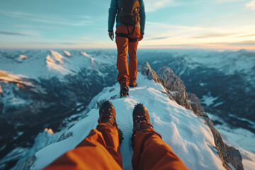 A point-of-view footage of a hiker reaching a summit, capturing the triumphant moment. Concept of...
