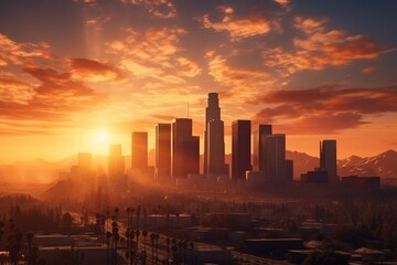 Fototapeta na wymiar Cityscape at Sunset, Majestic Sun Sets Over Urban Skyline With Towering Buildings, The skyline of Los Angeles at sunrise in California, USA, is presented as a 3D rendering, AI Generated