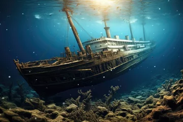 Papier Peint photo autocollant Naufrage Giant Boat Sailing Smoothly on the Surface of the Water, Titanic shipwreck lying silently on the ocean floor, showcasing the immense scale of the fragmented structure, AI Generated