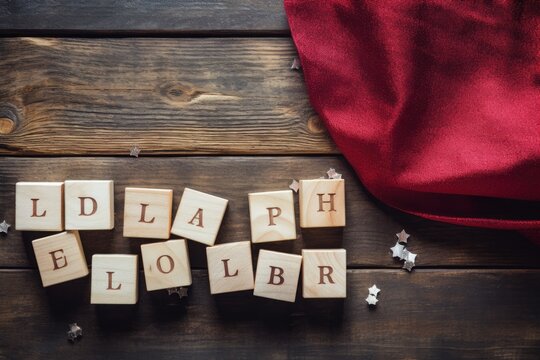 A captivating image of wooden blocks arranged on a wooden table to form the word Holiday, Top view of labor day letters alphabet wooden cubes on a wooden background, AI Generated