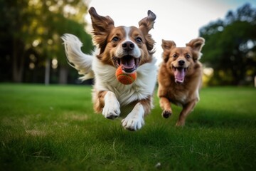 Two dogs enjoying a playful run across a lush green field under the bright sun, Two dogs running with a red ball in their mouths on green grass in a park, AI Generated