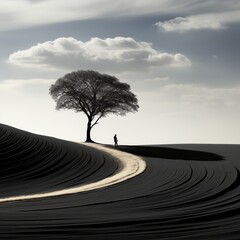  Lone Traveler Amidst the Curves of a Serene Landscape