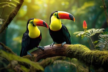 Rolgordijnen A vibrant photograph capturing two toucans gracefully sitting on a lush branch in the heart of the jungle, Two toucans perch on a branch in the vibrant rainforest, AI Generated © Iftikhar alam