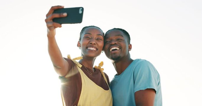 Love, selfie and happy black couple outdoor for summer, travel or bonding on romantic date at sunset. Smartphone, photography and African people hug for profile picture, memory or adventure in Miami