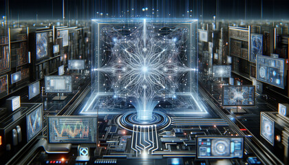 Futuristic lab with glowing circuitry and advanced gadgets.