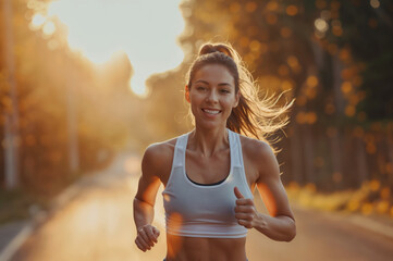 A cheerful young woman in sportswear jogging on a sunny evening, expressing fitness and happiness. - obrazy, fototapety, plakaty