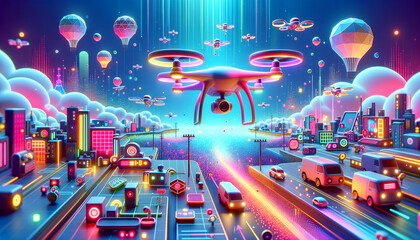 Playful drones capturing a vibrant cityscape for 3D mapping in a Pop Futurism aesthetic.