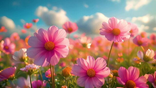 Colorful Cosmos field with blue sky