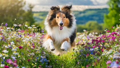 collie running through summer field of flowers