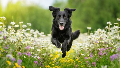 black dog running through field of white spring flowers