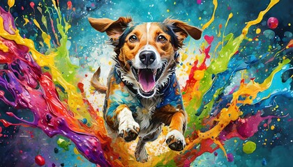 dog portrait of brown black dog running through paint splashes - Powered by Adobe