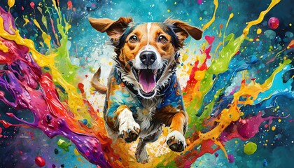 dog portrait of brown black dog running through paint splashes