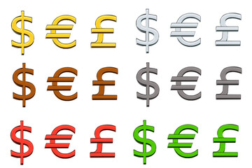 Colorful metallic signs of dollar , euro , pound on isolated transparent background