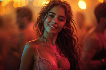 portrait of a beautiful Latin American young girl with dark long hair who is smiling. Slender sexy model on an abstract background