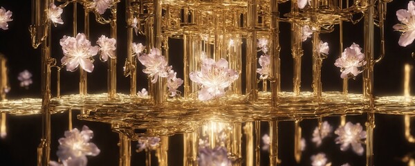 there is a gold chandelier with flowers in it