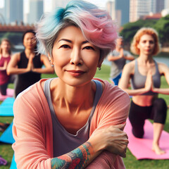 A middle-aged woman with colored hair does yoga in a city park.