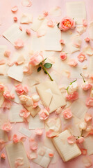 Delicate composition of soft pink petals, rose blossoms scattered gracefully across collection of open blank pages, envelopes on a pastel background, suggesting gentle romantic or poetic reflections.