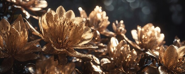 there is a close up of a bunch of flowers with gold leaves