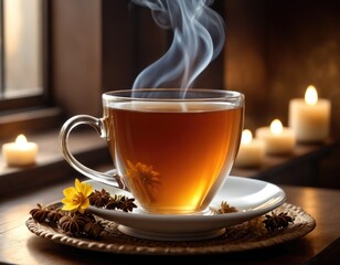 Hot steaming black herbal transparent cup of tea with spices, yellow flower and candles near the window on white saucer