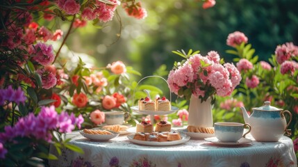 A charming garden party with tea and cakes, surrounded by blooming flowers in full spring bloom.