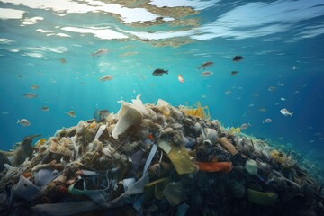 Massive Ocean Trash Pollution, A Vast Amount of Floating Debris Endangering Marine Life, Underwater view of a pile of garbage in the ocean, 3D rendering, AI Generated