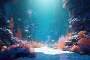 A Vibrant Underwater Oasis Teeming With Corals and Fish, Underwater world depicted in a fantasy landscape, 3D rendering, AI Generated