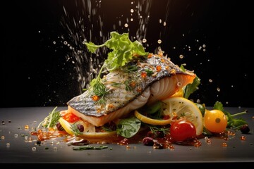 Obraz na płótnie Canvas Fresh Fish on a Bed of Colorful Vegetables, A Delicious, Unveil the culinary artistry with macro food photography, capturing mouth-watering details and inviting appreciation, AI Generated